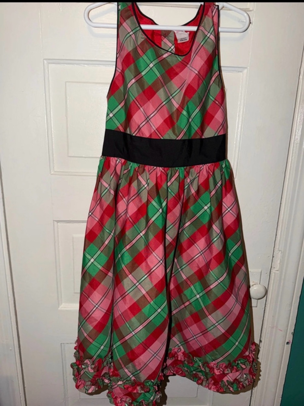 OshKosh B'gosh Red, Green, Pink Plaid Sleeveless Dress with Black Waistband
